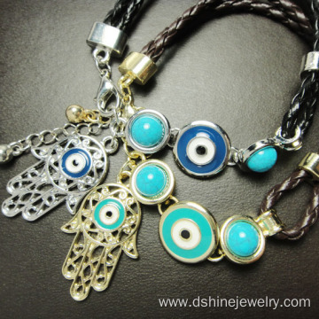 Handmade Blue Evil Eye Leather Bracelet With Hamsa Pendant